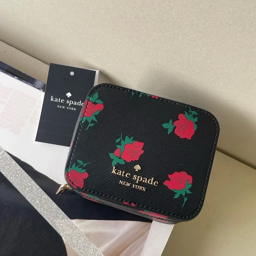 (new+tag) Kate Spade chic black jewelry box with vibrant red floral design